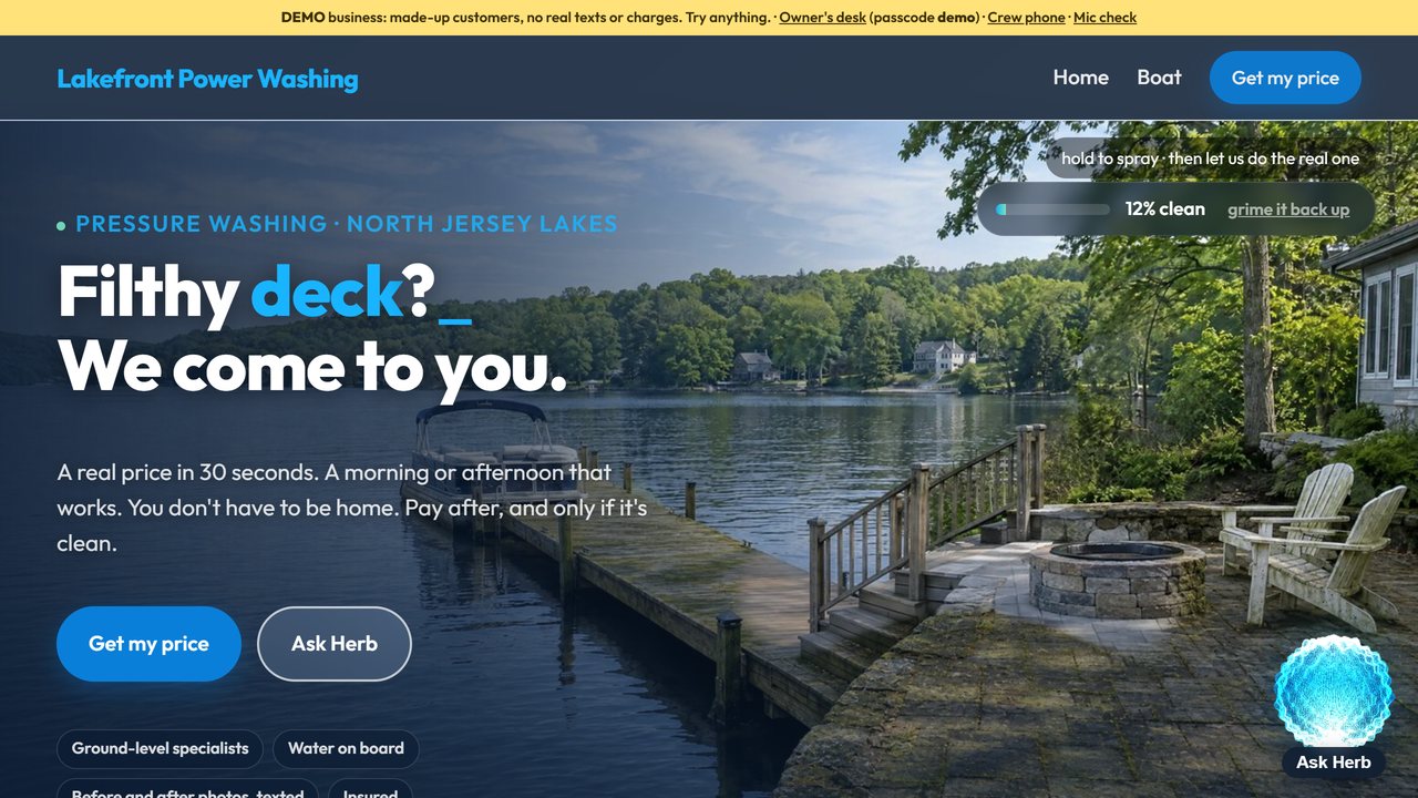 Lakefront Power Washing — a demo business on SASTA-Wash: lakeside patio and dock under a grime reveal