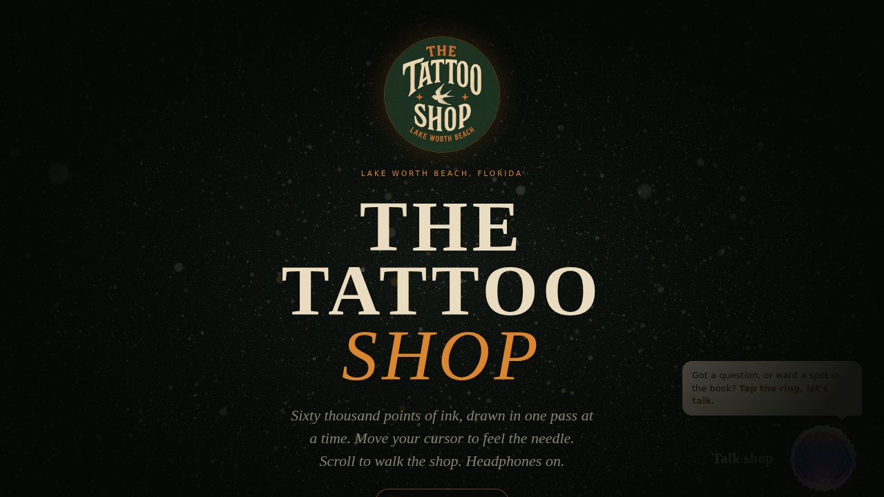 The Tattoo Shop, Lake Worth Beach — cinematic site with a voice ring that books the chair