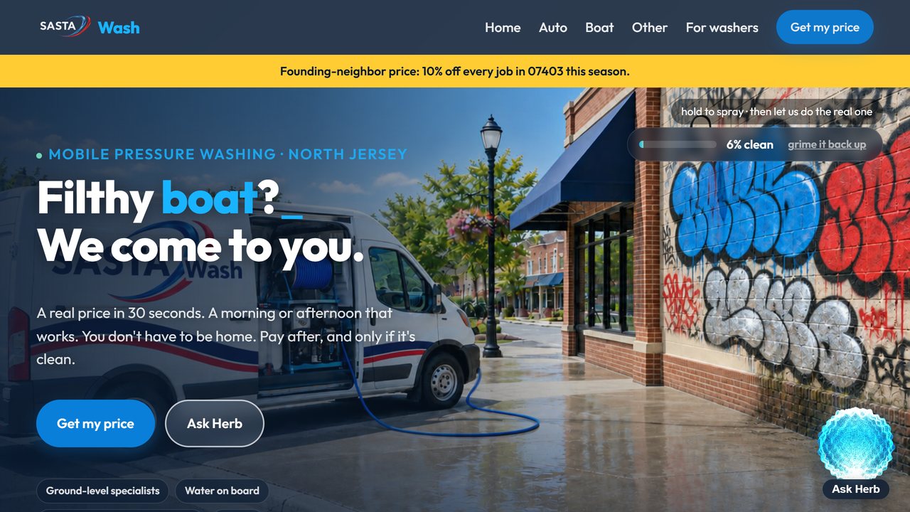 SASTA-Wash — mobile pressure-washing site with a hold-to-spray grime reveal and Herb inside